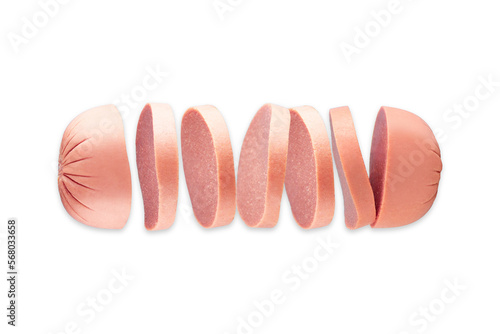 фотографія Flying pieces of sausage isolated on blue background