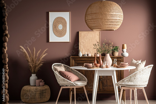 Stylish boho vintage dining room interior with poster mock up. Round table with rattan chair, vase with dried flowers. Brown wall and rattan lamp. Mock up poster. Template. Generative AI