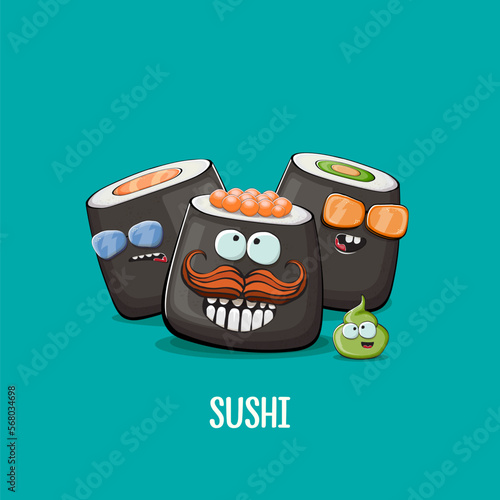 Vintage sushi poster design template with sushi cartoon characters and wasabi. Vector funny kawaii sushi set isolated on turquoise background. Asian food illustration for Japanese cuisine  Sushi bar.