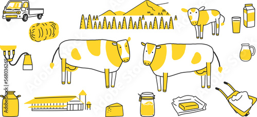 酪農に関するかわいいシンボル　ピクトグラム　セット　イラスト素材	
