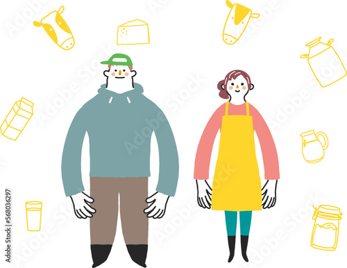 若い酪農家の夫婦　　イラスト素材
