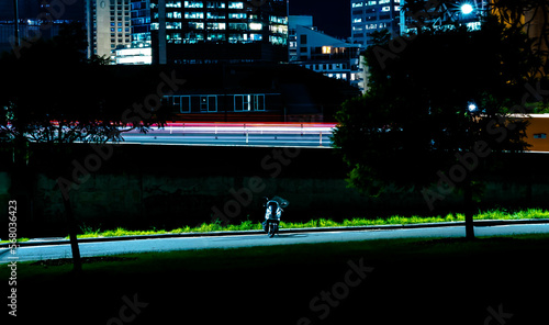 Motorcycle in Nighttime Park with Busy Highway in the Background