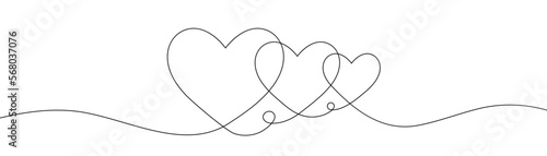 Three hearts drawn by one line. Human falling in love concept. Vector illustration.