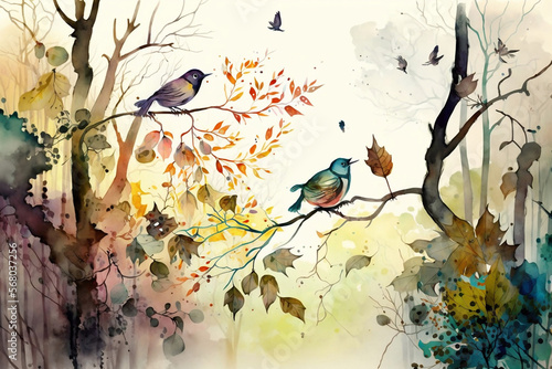 Watercolour illustration of birds in the autumn forest.