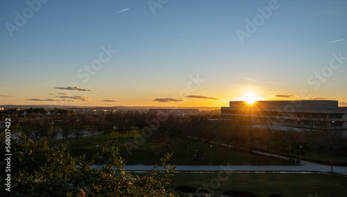 Cityscape in a park with trees and buildings at sunset in the golden hour