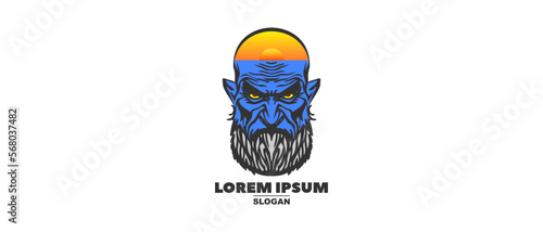 Vector logo or emblem sample. The head of a bald bearded brutal evil and scary man with a blue face, a gray beard and a sunrise in his head on a white isolated background. Lorem ipsum, slogan.
