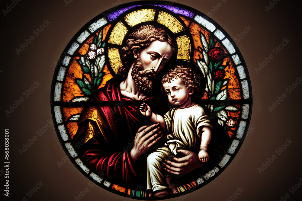 Saint Joseph holds the Christ child in his arms. Christian stained glass. Father's Day.