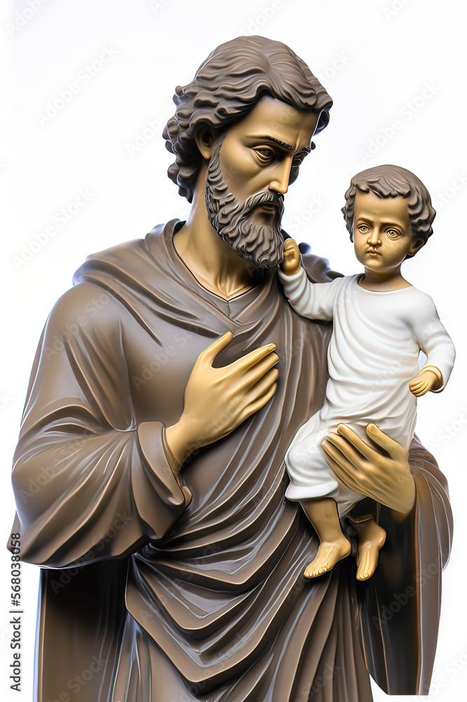 Saint Joseph holds the Christ child in his arms. Christian statue. Father's Day.