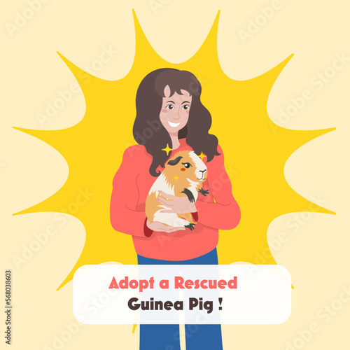 March is Adopt a rescued guinea pig month. Girl adopting a cavy