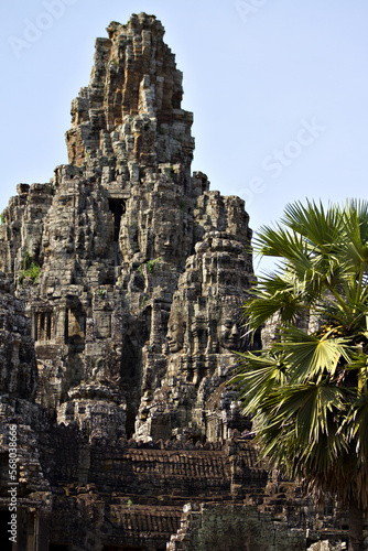 Massive faces carved into the rock of the ancient Bayon Temple in Siem Riep  Cambodia.