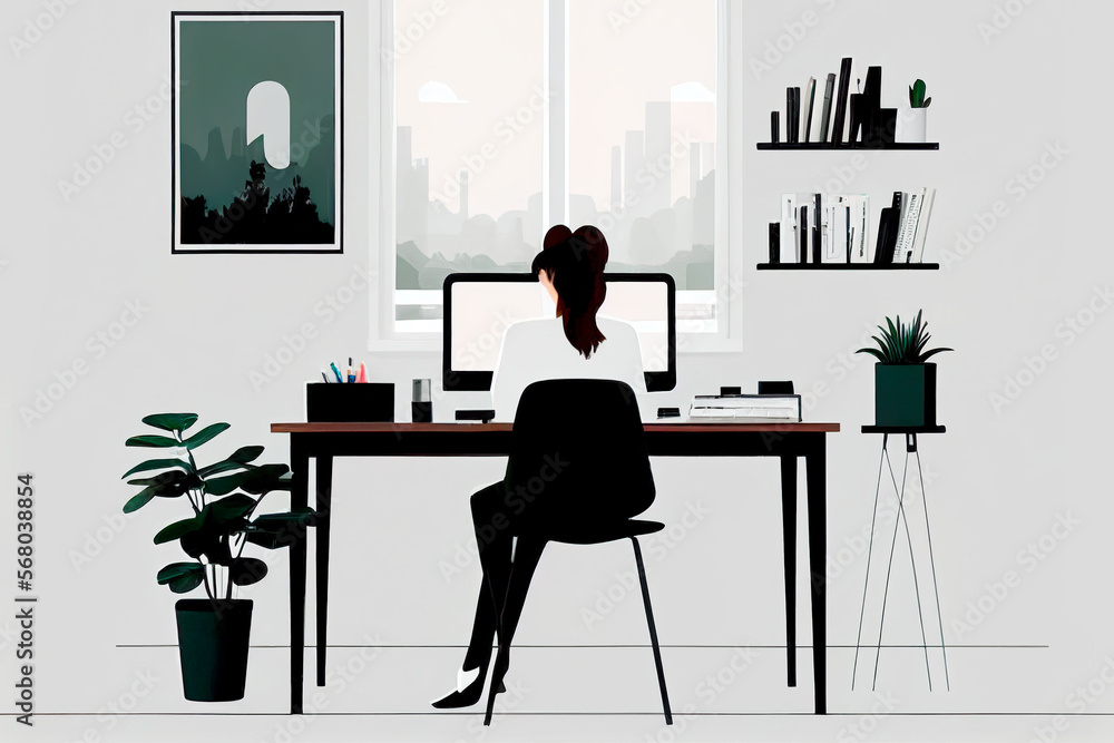 Fototapeta premium Person working from home at his desk with computer. Work at home. Freelance woman working on laptop. Illustration of home office and professional business teleworker connecting online. Generative AI.