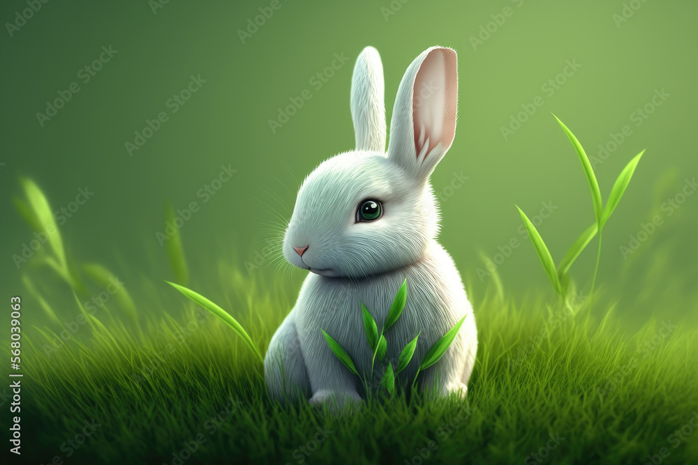 Fototapeta premium Small Easter rabbit on fresh green grass in April. Generative AI