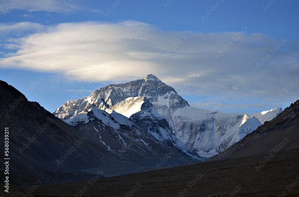 A panoramic view looking up Rongbuk Valley towards Mount Everest, the world's highest mountain, in the Himalayan Mountains in Tibet.