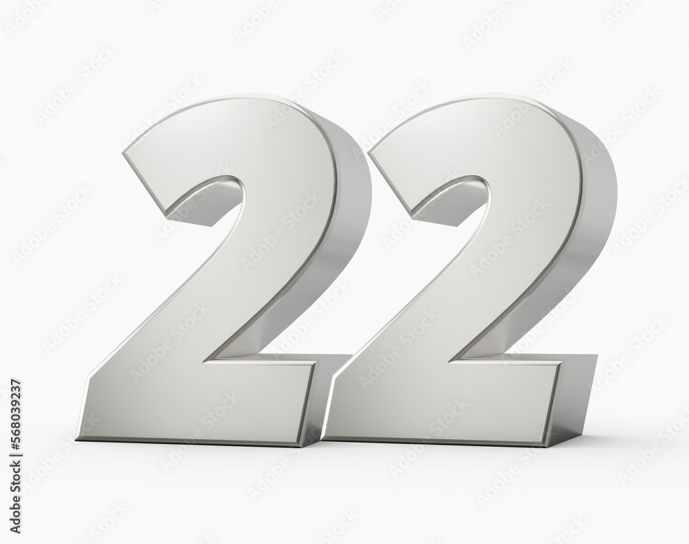 Silver 3d numbers 22 Twenty Two. Isolated white background 3d illustration Silver 3d numbers 22 Twenty Two. Isolated white background 3d illustration