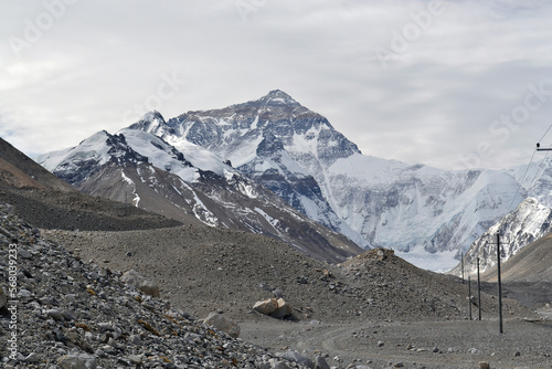 A panoramic view looking up Rongbuk Valley towards Mount Everest, the world's highest mountain, in the Himalayan Mountains in Tibet.