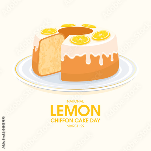 National Lemon Chiffon Cake Day vector. Whole fresh lemon fruit cake icon vector. Lemon chiffon cake on a plate illustration. March 29. Important day