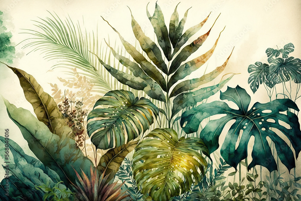 Fototapeta premium Wallpaper with tropical leaves, a watercolor texture, and a background of nature. Generative AI