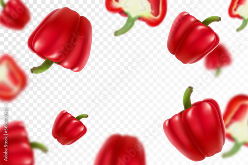 Falling red bell peppers isolated on a transparent background with clipping path as package design element and advertising. Flying vegetables with blurry effect. Realistic 3d vector