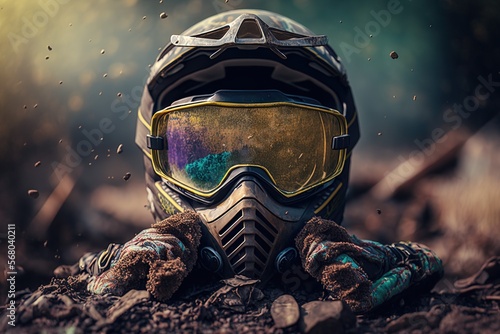 Dirty motorcycle motocross helmet with goggles, Generative ai