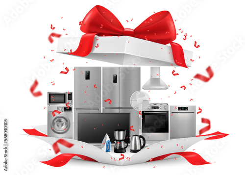 Gift concept, home appliances inside gift box. Refrigerator, microwave, food processor, TV, washing machine, gas stove, isolated on white background. 3D rendering. Realistic vector illustration