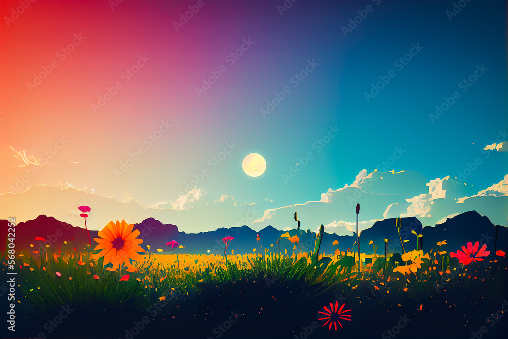 Beautiful spring background with copy space.  
Illustration with exuberant nature, field flowers and sunset in the mountains