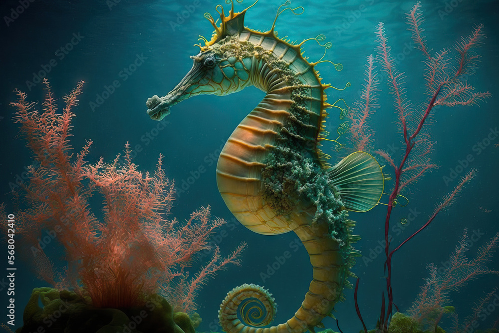 In tropical seas, a pretty little seahorse swims. Generative AI