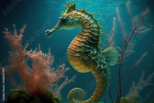 In tropical seas, a pretty little seahorse swims. Generative AI