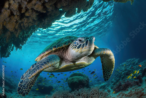 backdrop of a stunning turtle captured during a dive. Generative AI © 2rogan