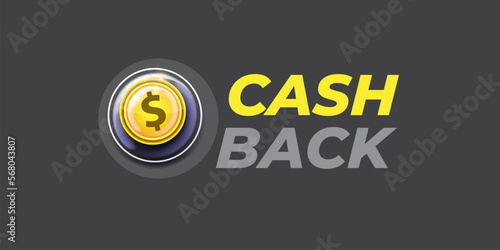 vector money cash back horizontal banner design template with cash back icon and coins isolated on modern grey background. 3d cashback bonus or money refund label horizontal banner