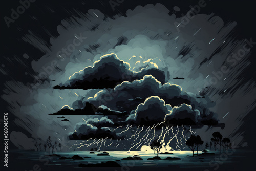 Background with textured black sky and rain clouds. Storm clouds that pose a threat, are black and thunderous, and have motion clouds before it starts to rain. Generative AI