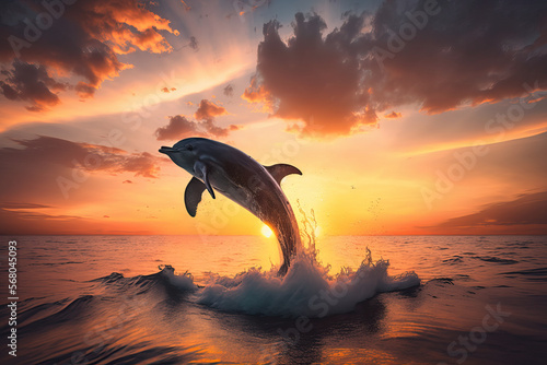 Dolphin Jump At Sunset  Generative AI