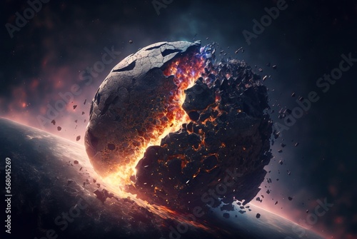 Meteorite hit the earth, world end, doomsday predict, earth of fire, a hole in the ground, a meteorite flew through the ground, a view of the earth from another planet globe explosion. Generative AI
