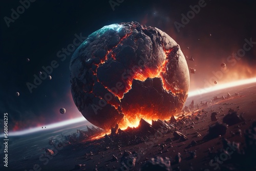 Asteroid hitting earth, artwork. Generative AI