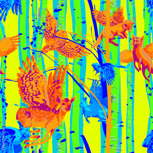 Seamless pattern of winged forest animals flying among birch trunks.
