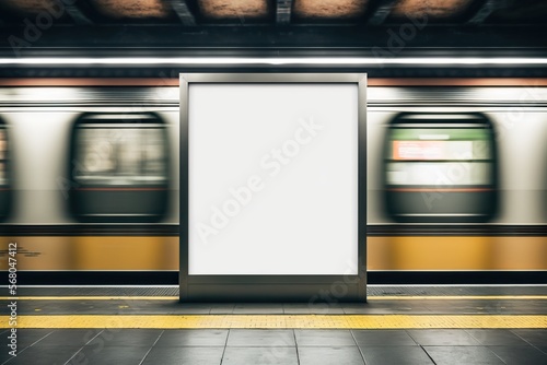 Mock up Poster media template Ads display in NYC Train Subway Station with moving Train on background. Mock up. Banner billboard mockup for advertising in city useful for design. Generative AI