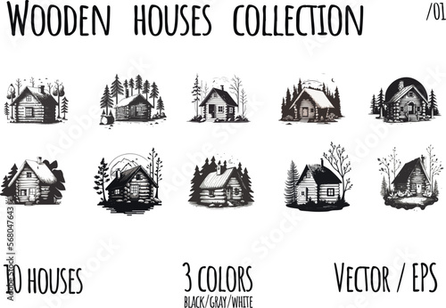 Wooden house in the forest, the concept of eco friendly life . Hand drawing vector illustration