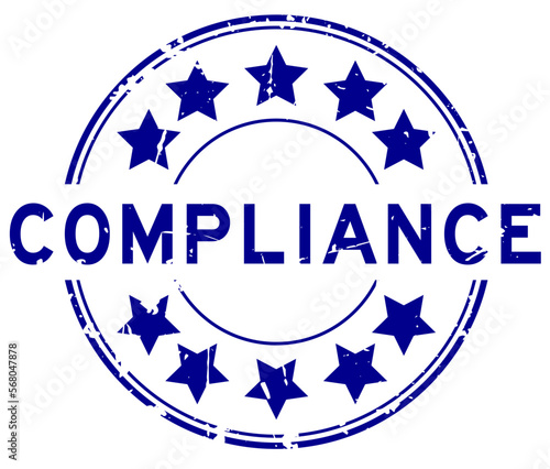 Grunge blue compliance word with star icon round rubber seal stamp on white background