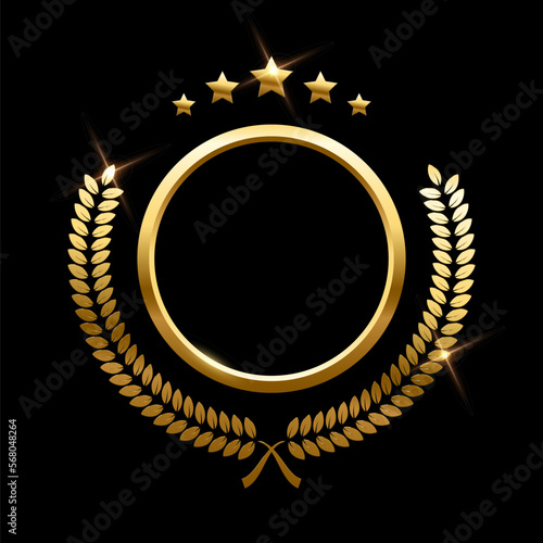 Gold round frame, stars and circular wreath from olive leaf vector illustration. Realistic 3d golden anniversary medal, winner certificate with shine light effect isolated on black background