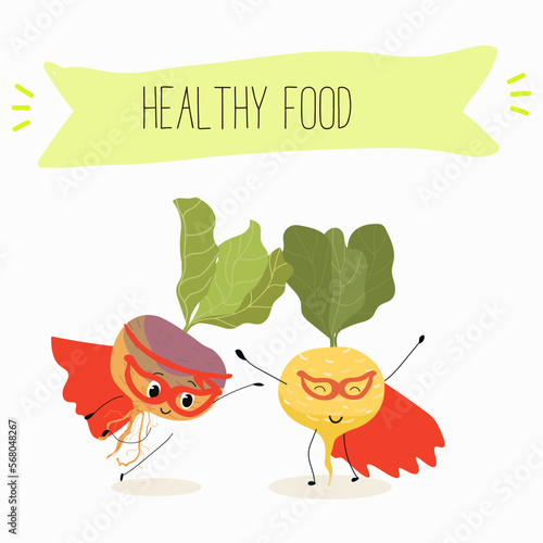 Vector Illustration with funny cartoon characters swede, rutabaga, turnip. Funny and healthy food. Vitamins, cute face food, ingredients, vegetarian, vector cartoon, antioxidant.