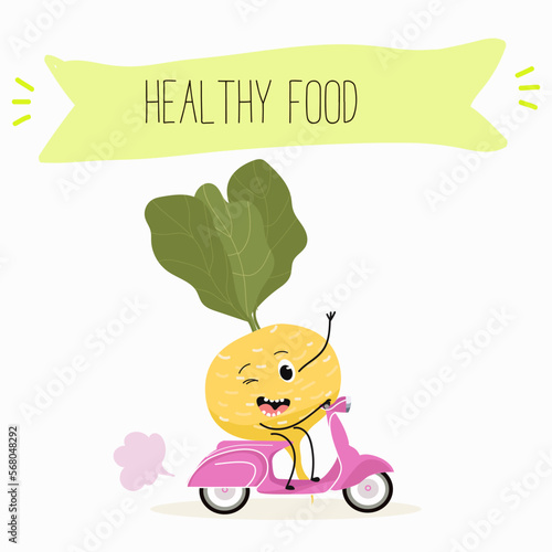 Vector Illustration with funny cartoon characters swede, rutabaga, turnip. Funny and healthy food. Vitamins, cute face food, ingredients, vegetarian, vector cartoon, antioxidant.