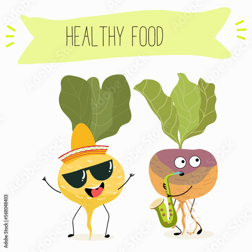 Vector Illustration with funny cartoon characters swede, rutabaga, turnip. Funny and healthy food. Vitamins, cute face food, ingredients, vegetarian, vector cartoon, antioxidant.