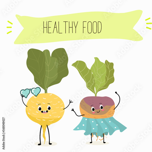 Vector Illustration with funny cartoon characters swede, rutabaga, turnip. Funny and healthy food. Vitamins, cute face food, ingredients, vegetarian, vector cartoon, antioxidant.