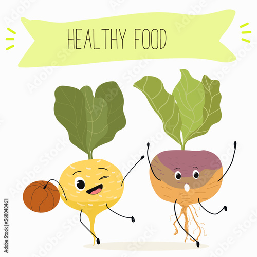 Vector Illustration with funny cartoon characters swede, rutabaga, turnip. Funny and healthy food. Vitamins, cute face food, ingredients, vegetarian, vector cartoon, antioxidant.