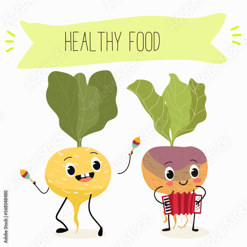 Vector Illustration with funny cartoon characters swede, rutabaga, turnip. Funny and healthy food. Vitamins, cute face food, ingredients, vegetarian, vector cartoon, antioxidant.