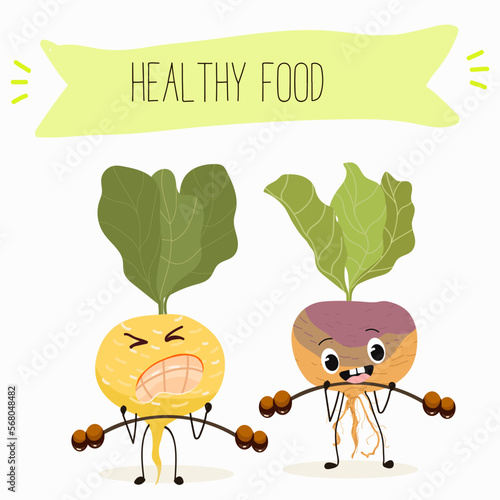 Vector Illustration with funny cartoon characters swede, rutabaga, turnip. Funny and healthy food. Vitamins, cute face food, ingredients, vegetarian, vector cartoon, antioxidant.