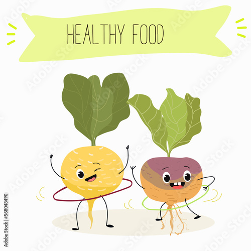 Vector Illustration with funny cartoon characters swede, rutabaga, turnip. Funny and healthy food. Vitamins, cute face food, ingredients, vegetarian, vector cartoon, antioxidant.