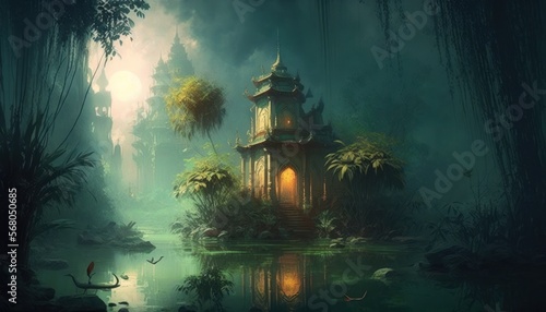 Hidden Temple deep in the Jungle, Concept Art, Digital Illustration, Generative AI