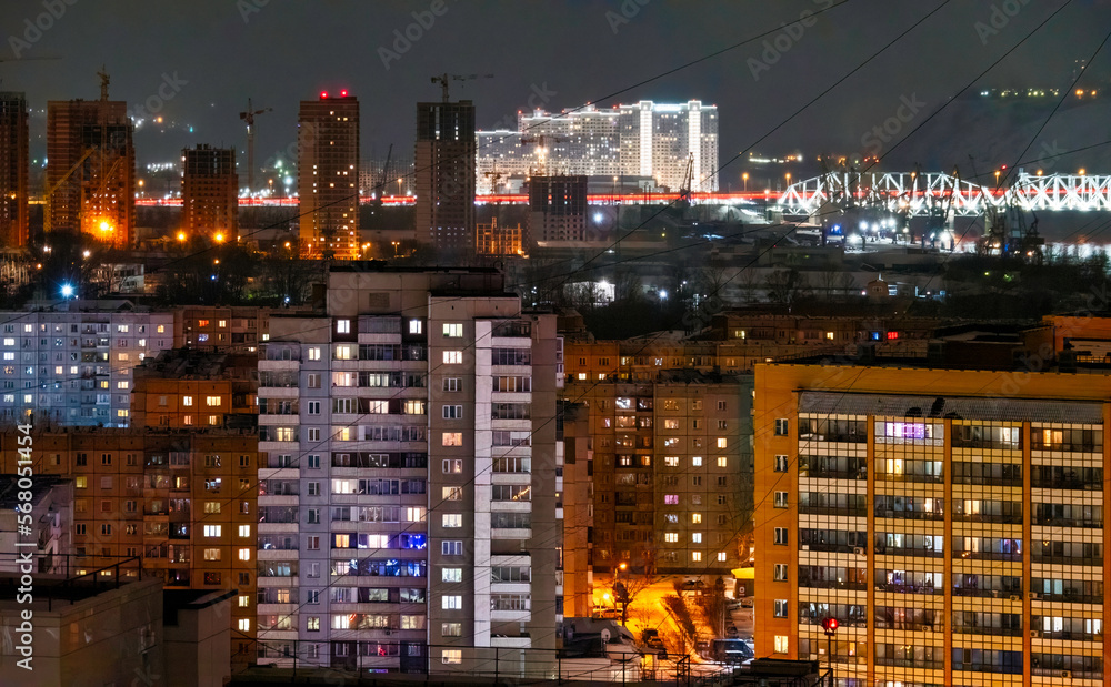 Lights of cityscape on a cold winter night in Krasnoyarsk city