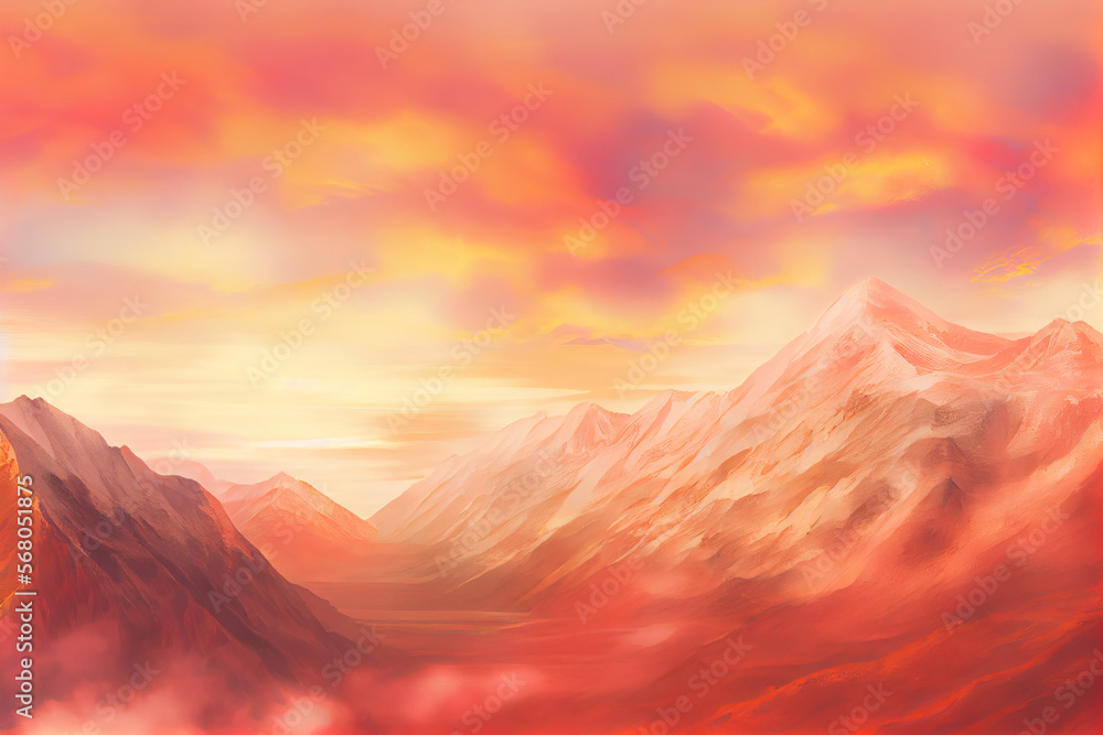 A majestic mountain range at sunset, with the sky ablaze in shades of orange and red. Created with Generative AI technology.
