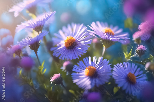 Beautiful floral background of autumn flowers. Small garden violet Astra flowers. Aster Alpinus. Beautiful blurred autumn flowers background. generative AI © BlazingDesigns